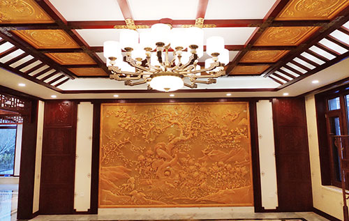 斗门中式别墅客厅中式木作横梁吊顶装饰展示